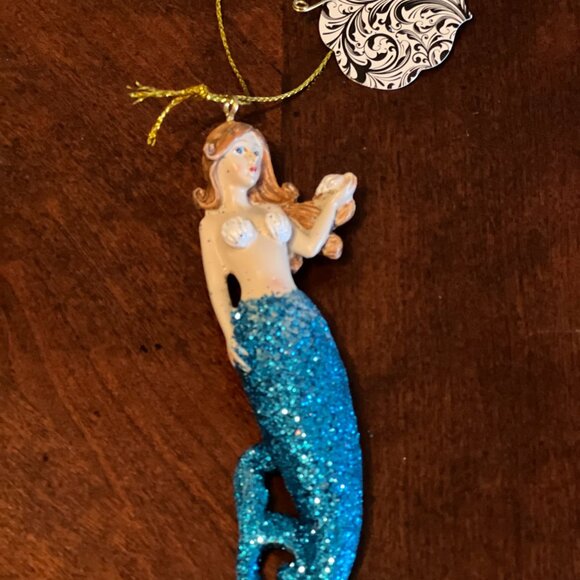 Mermaid resin Hanging Ornament With Blue Sparkle Tail & Gold String - Picture 5 of 5
